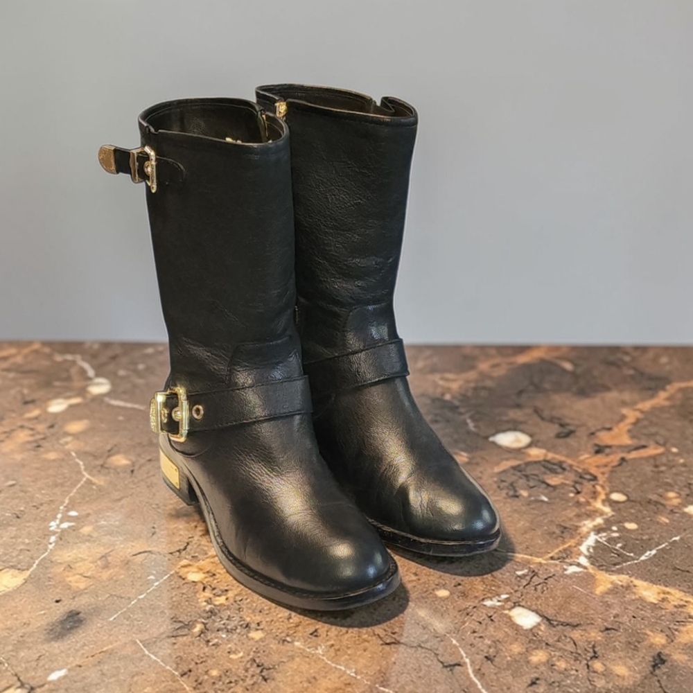 Women Vintage Leather Black Moto Boots By Vince Camuto Size 7.5M